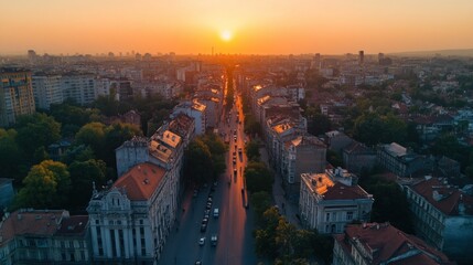 Naklejka premium Aerial View of City at Sunset