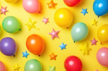 Varied color balloons and star decorations on yellow base