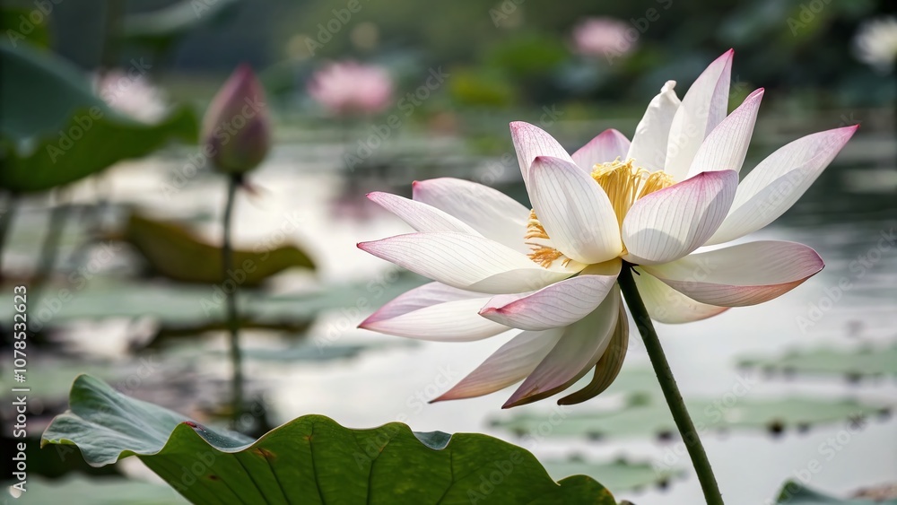 Poster isolated lotus flower in continuous one line drawing style on a white background - artistic tilt-shi