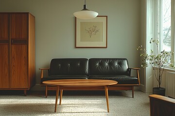 A mid century modern interior in a residential living room with minimalist, black leather sofa and pendant lighting and wood cabinet. Generative AI
