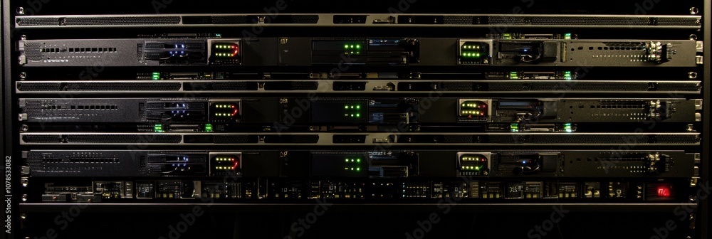 Fototapete blinking indicators on servers demonstrate active processes in a dark data center, highlighting conn