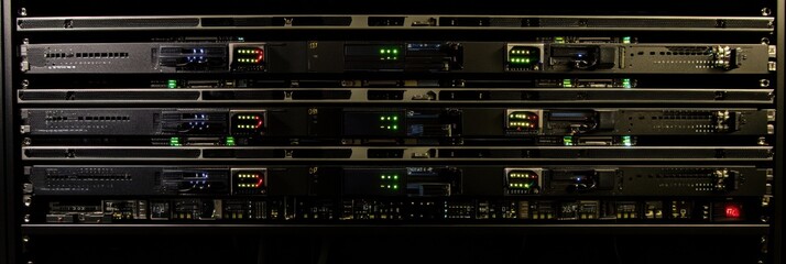 Blinking indicators on servers demonstrate active processes in a dark data center, highlighting connectivity and data management. Generative AI