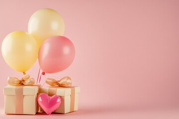 Heart-shaped balloons floating above gift boxes with bows on a pink background create a festive atmosphere