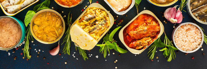 Enjoy an assortment of canned fish including salmon, mackerel, sprat, sardine, tuna, herring, and...