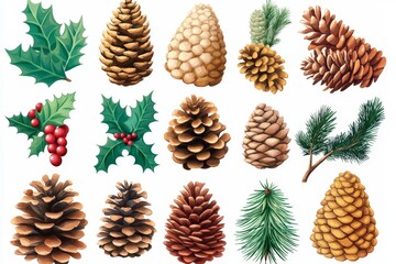 Fototapeta premium Holiday inspired botanical collection featuring pinecones holly leaves fir sprigs and berries highlighting seasonal diversity and festive styling for eco friendly designs