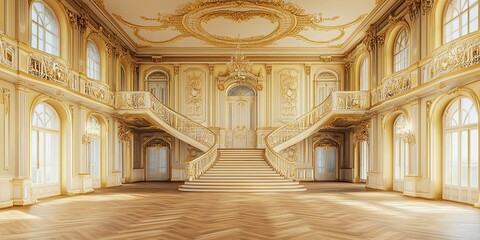 Obraz premium yellow and cream classic mezzanine room with wooden furniture set, elegant wooden floor and intricate royal carvings 