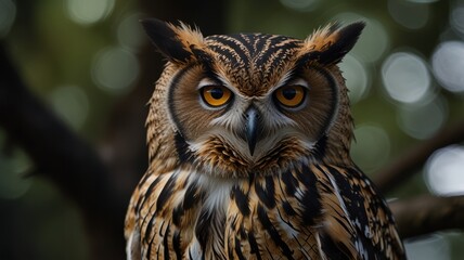 Fototapeta premium Close-up portrait of a brown and black striped owl with yellow eyes looking directly at the camera.