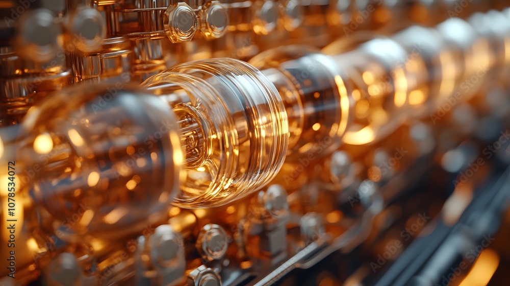 Poster a close-up of a complex, glowing mechanical component showcasing intricate design and technology.