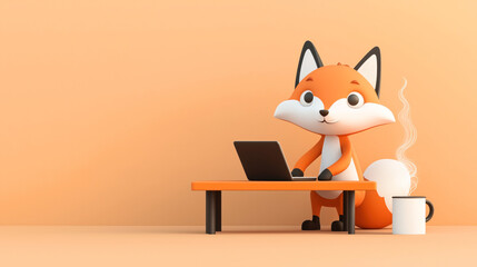 Obraz premium Cute cartoon fox working on a laptop at a small orange desk with a steaming mug beside it on a soft orange background.