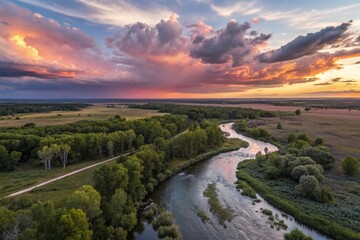 Obraz premium Long Exposure Capture of Joyful Moments in Nature: A Blissful Scene of Happiness with Vibrant Colors and Soft Light Trails Through a Serene Landscape at Dusk