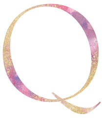 Light pink watercolor letter Q with golden splashes, romantic wedding isolated monogram initials