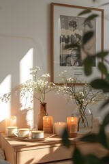 Timeless wooden frame holding a minimal movie poster in a room donned with candles and tasteful accessories AI generated illustration