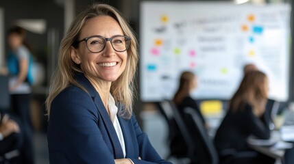 Confident Female Business Leader Smiling at Office with Colleagues Collaborating in Background During Meeting and Engaging in Teamwork Activities