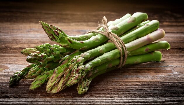 banches of fresh green asparagus on wooden background