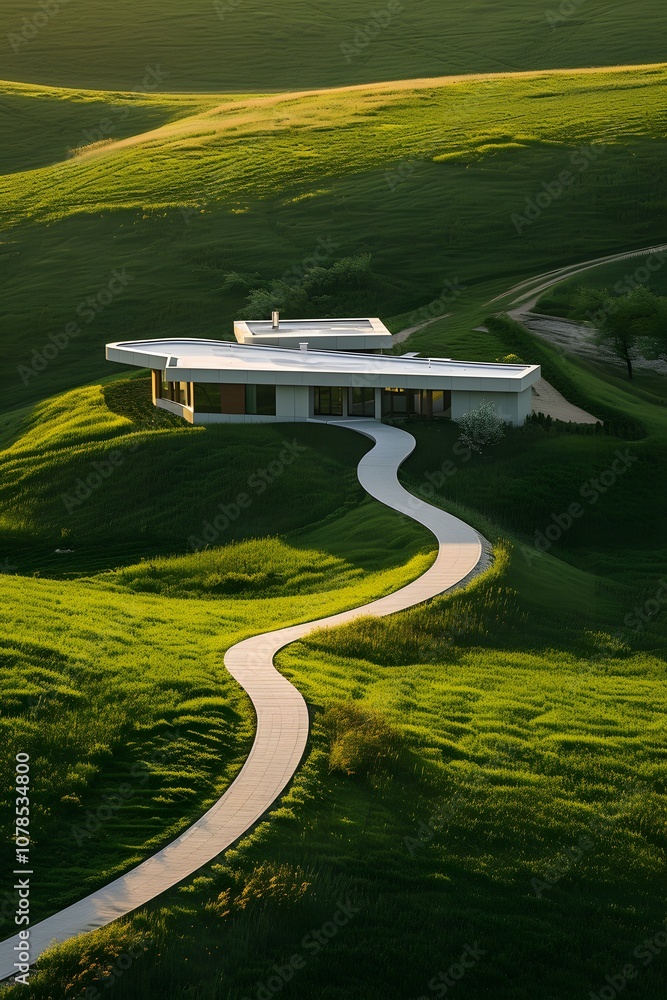 Poster top view of a house with minimalistic design approached via a winding path through green fields ai g