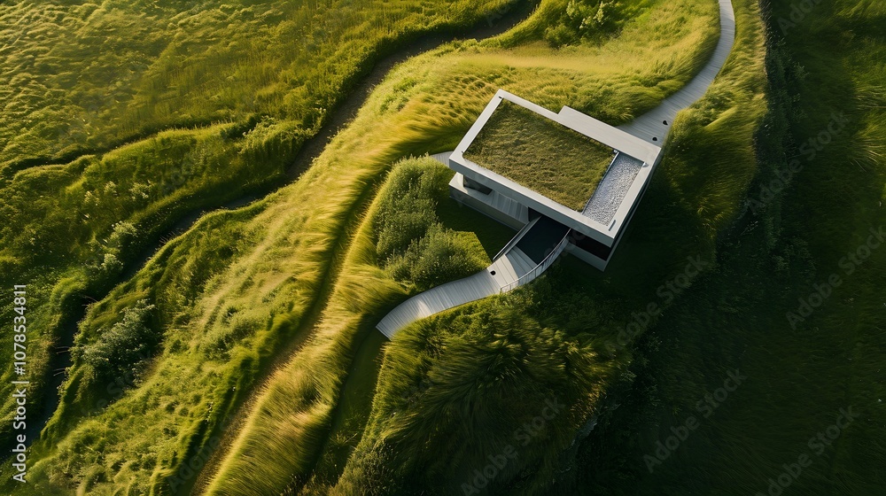 Poster top view of a house with minimalistic design approached via a winding path through green fields ai g