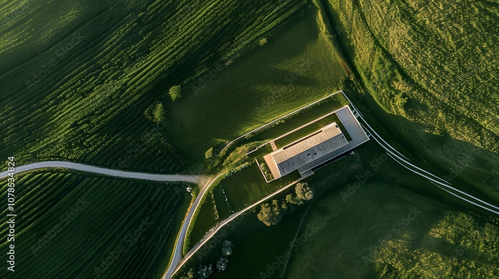 Poster top view of a house with minimalistic design approached via a winding path through green fields ai g