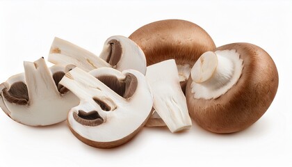 brown champignon mushroom slices isolated on white background full depth of field