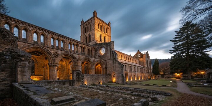 Long Exposure of Jedburgh Abbey Surrounded by Ancient Stones at Twilight, Capturing the Ethereal Beauty of Scotland's Historic Architecture in a Dreamlike Atmosphere