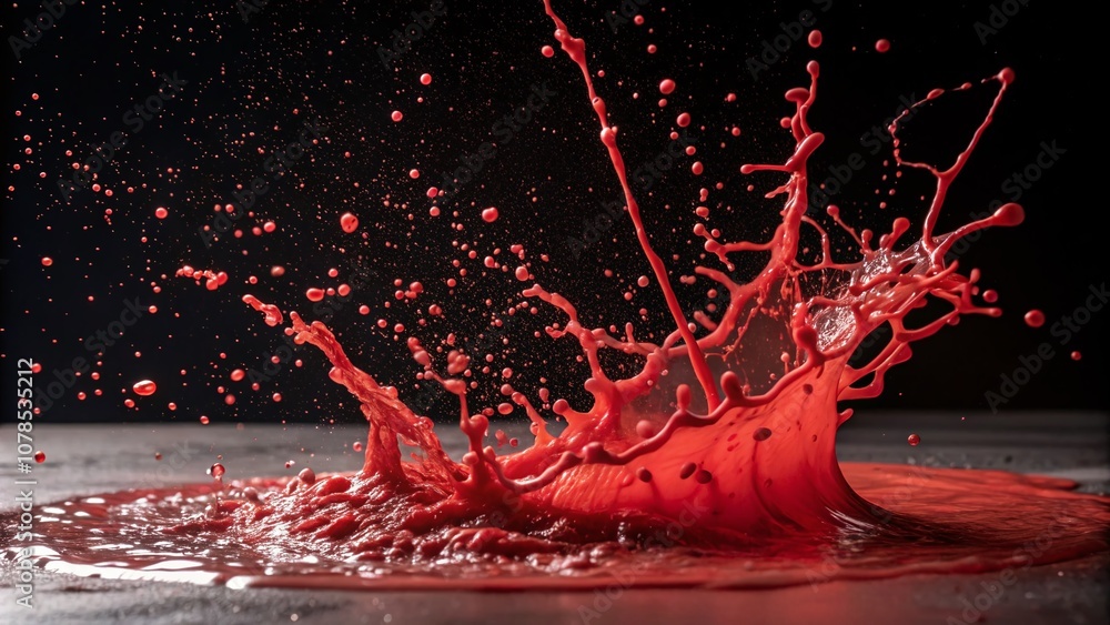 Poster long exposure of splattered red paint creating dynamic abstract patterns on canvas in artistic style