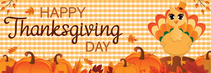 Happy Thanksgiving day banner. Festive background with turkey bird and orange pumpkins, fall leaves. Horizontal holiday poster, header for website. Vector illustration.