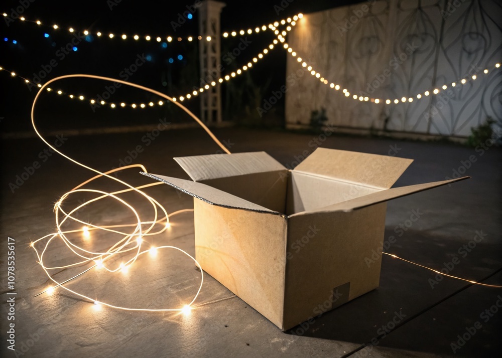 Poster long exposure photography of an empty open paper box in a minimalist setting, capturing light trails
