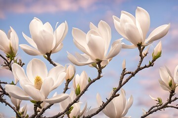 White magnolias in bloom against a soft pastel sky, Ai Generated