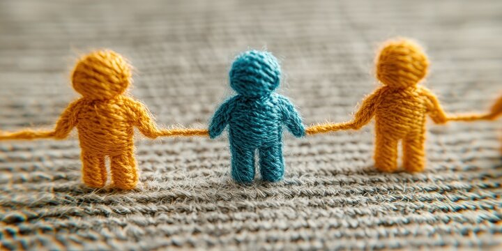 Colorful yarn figures representing teamwork and unity in a creative concept.