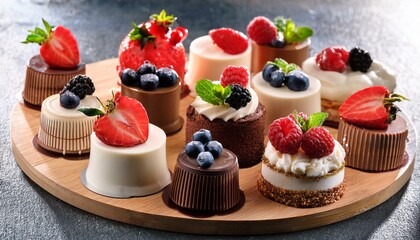 assorted different mini cakes with cream chocolate and berries