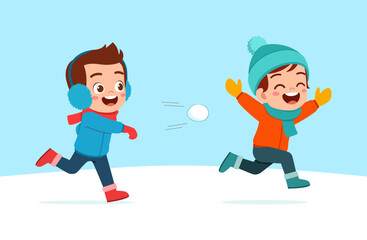 little kid play snow with friend and feel happy