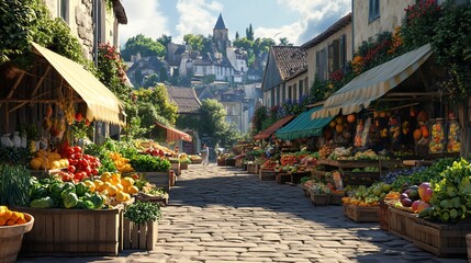 A charming cobblestone street lined with bustling market stalls selling fresh produce under a sunny sky.