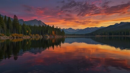 A breathtaking sunset over a still mountain lake, the sky ablaze with vibrant colors reflected in the water.