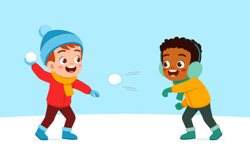 little kid play snow with friend and feel happy