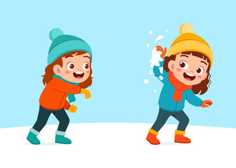 Naklejka premium little kid play snow with friend and feel happy