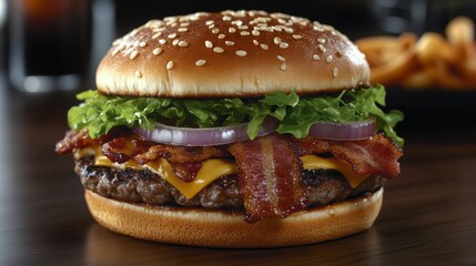 Delicious bacon cheeseburger with lettuce and onions served on a sesame seed bun