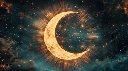 Explore the mystical beauty of a moon with stars and radiant rays in gigapixel high fidelity