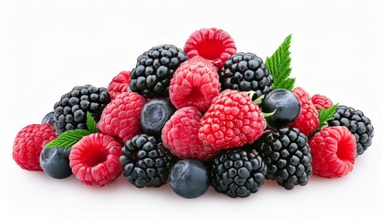 colourful composition heap of forest berries raspberry and blackberry isolated on a white background with clipping path