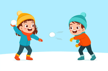 little kid play snow with friend and feel happy