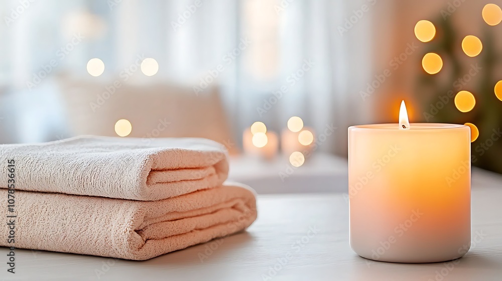 Poster create a serene atmosphere with soft towels and a warm candle glow for relaxation