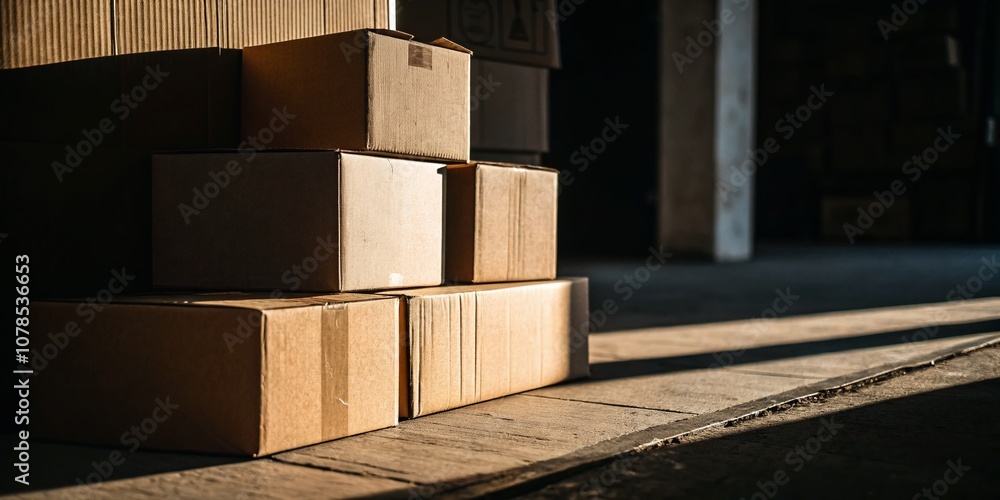 Poster low light photography of stacked cardboard boxes in an artistic arrangement, emphasizing shadows and