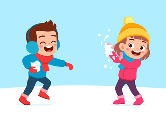 Naklejka premium little kid play snow with friend and feel happy