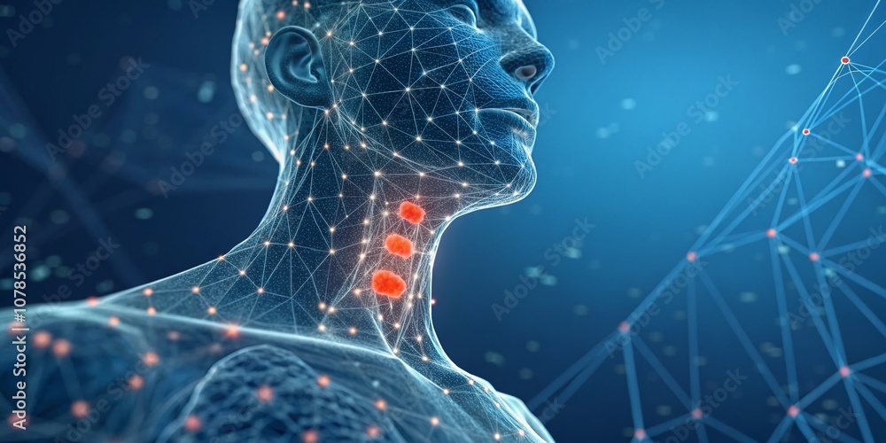 Poster lowpoly portrait of acute inflammation of the thyroid gland with interconnected lines and dots on a 
