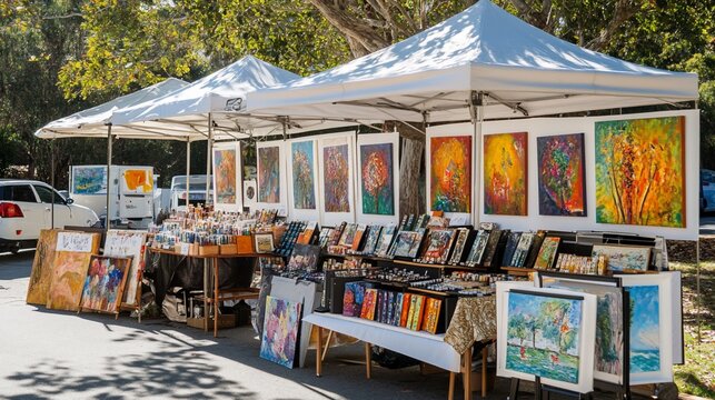 An outdoor art market with colorful paintings on display under white tents.