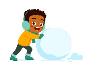 little kid build snowman and feel happy