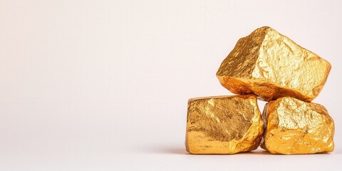 Glistening gold nuggets stacked against a neutral background, symbolizing wealth.