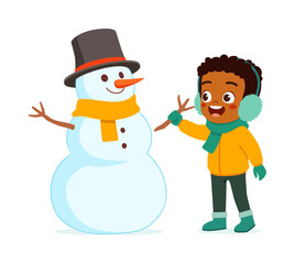 little kid build snowman and feel happy