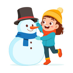 little kid build snowman and feel happy