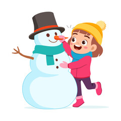 little kid build snowman and feel happy