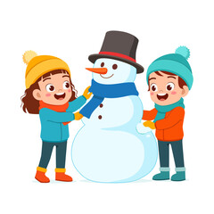 little kid build snowman with friend and feel happy