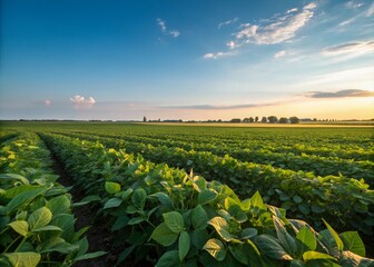 Lush Green Soybean Field at Golden Hour Captured with Rule of Thirds, Showcasing Vibrant Crops Under a Clear Blue Sky and Soft Sunlight, Ideal for Agriculture and Nature Themes